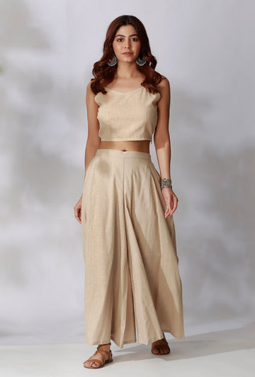 Set Of 2- Beige Cotton Slub Crop Top with Beige Cotton Slub Flared Pants